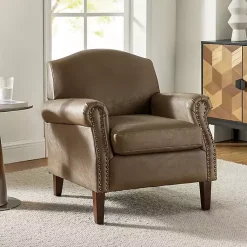 Kirklands Home Accent Chairs|Taupe Faux Leather Nailhead Taylor Armchair Brown