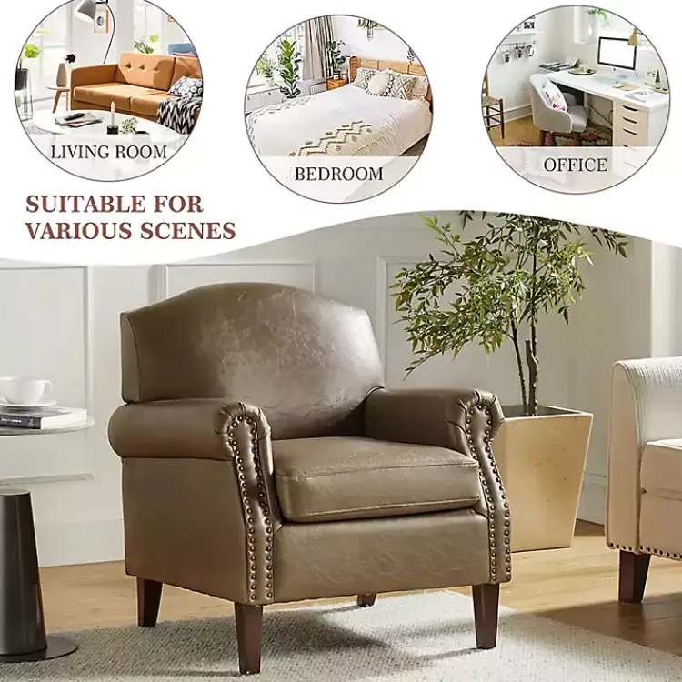 Kirklands Home Accent Chairs|Taupe Faux Leather Nailhead Taylor Armchair Brown
