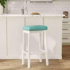 Kirklands Home Bar Stools & Counter Height Stools|Teal Faux Leather Claridge Bar Stool Blue