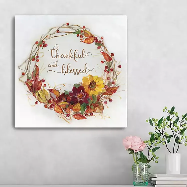 Sale Thankful & Blessed Harvest Wreath Print, 20x20 Fall