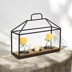 Outlet Three Glass Inserts Black Metal Lantern Lanterns
