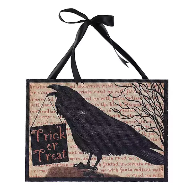 Trick or Treat Crow Spooky Wall Plaque with Ribbon Halloween