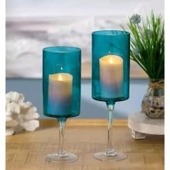 Clearance Turquoise Glass Hurricane Candle Holders, Set of 2 Candle Holders