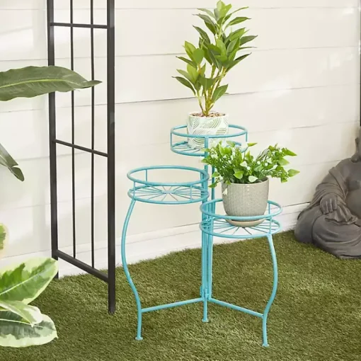 Kirklands Home Planters|Turquoise Metal Starburst 3-Tier Plant Stand Blue