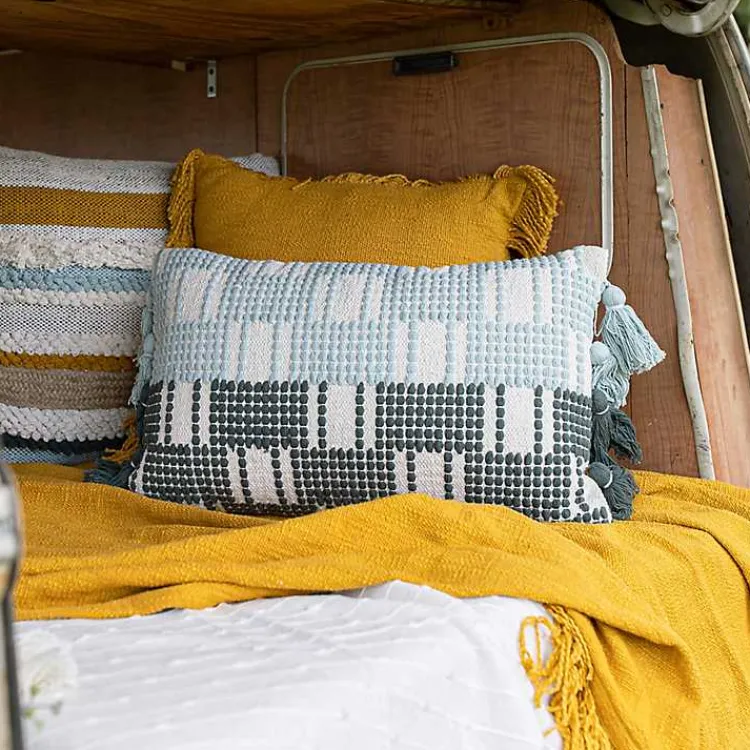 Sale Turquoise Plaid Tassel Lumbar Pillow Pillows