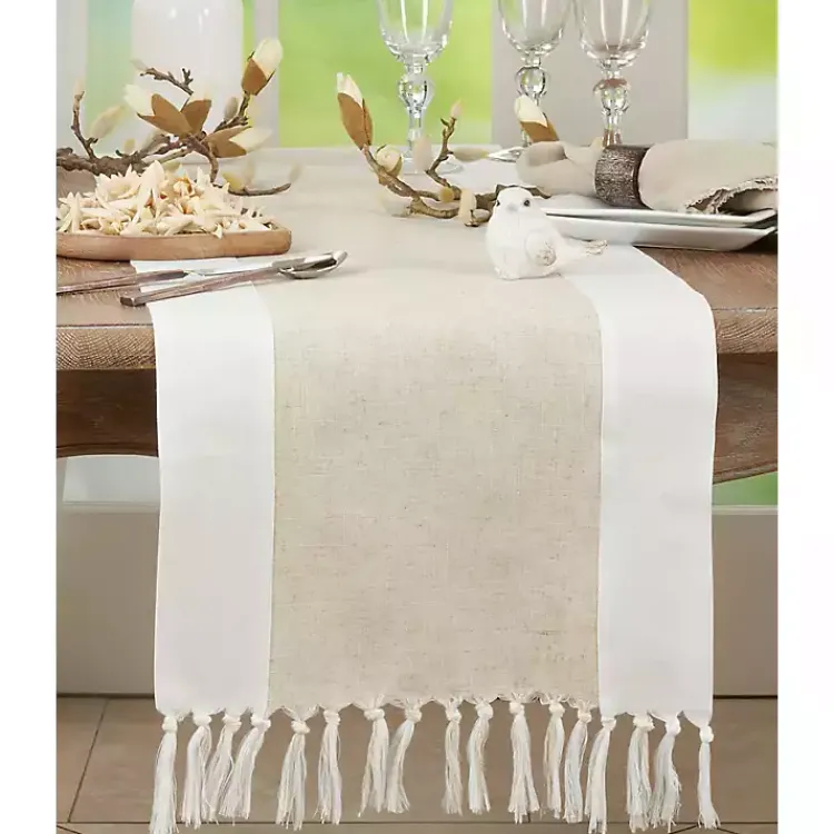 Kirklands Home Table Linens|Two Tone Tan and White Table Runner, 72 in.