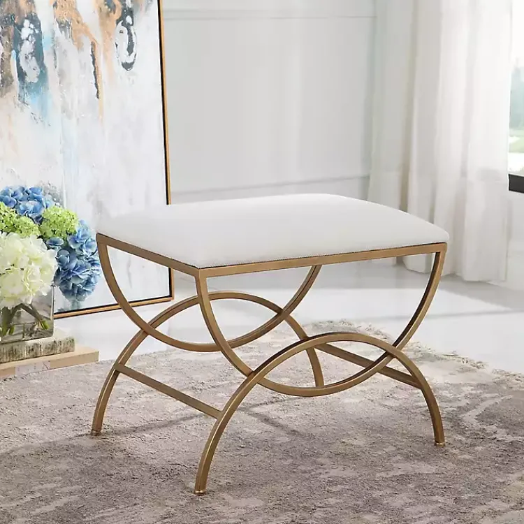 Kirklands Home Benches & Ottomans|Upholstered Gold Metal Arched Frame Bench White
