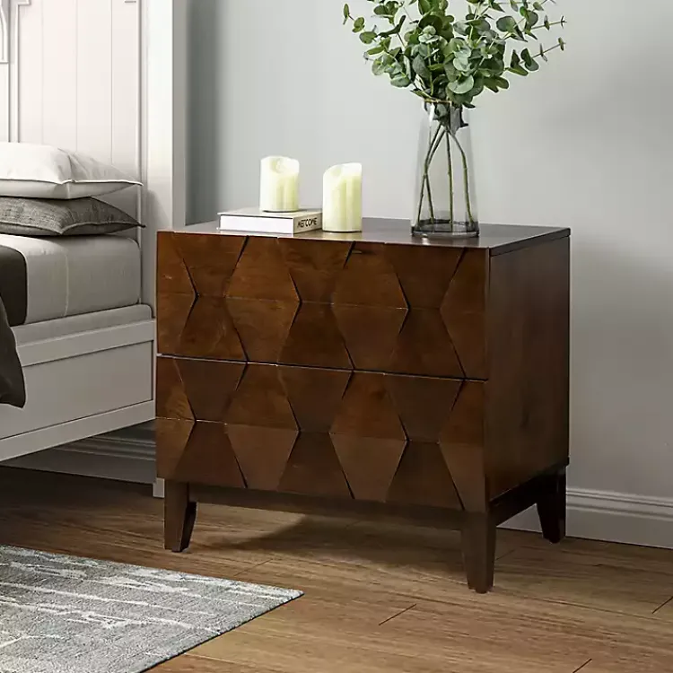 Kirklands Home Nightstands|Walnut Geometric 2-Drawer Charging Nightstand Brown