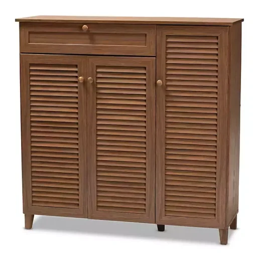 Kirklands Home Entryway Furniture|Walnut Wood 11-Shelf Paneled Shoe Cabinet Brown