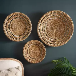 Kirklands Home Wall Plaques|Water Hyacinth Basket Wall Plaques, Set of 3 Tan