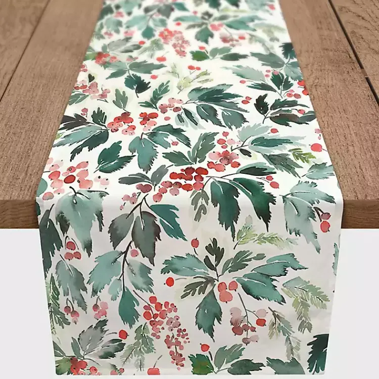Clearance Watercolor Holly Table Runner, 72 in. Christmas Dining & Entertaining