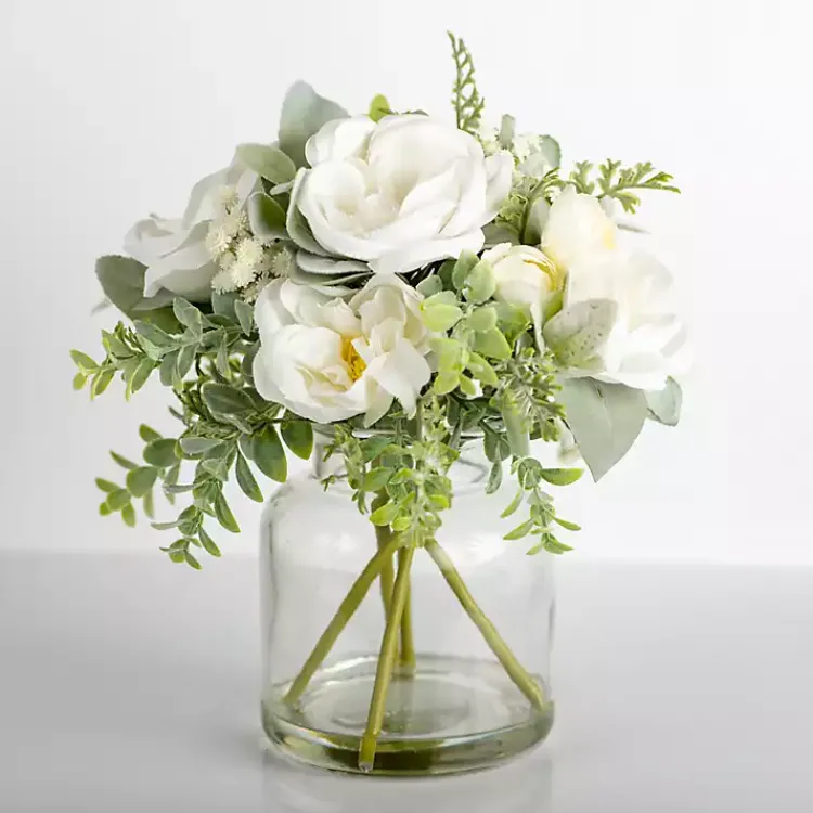 New Watered White Peony Bouquet in Glass Vase Arrangements & Greenery