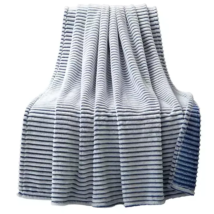 Outlet White & Navy Ribbed Ultra Soft Faux Fur Throw Blankets & Throws