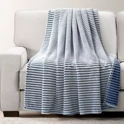 Outlet White & Navy Ribbed Ultra Soft Faux Fur Throw Blankets & Throws