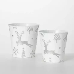 Hot White & Silver Embossed Reindeer Pails, Set of 2 Christmas Decorations