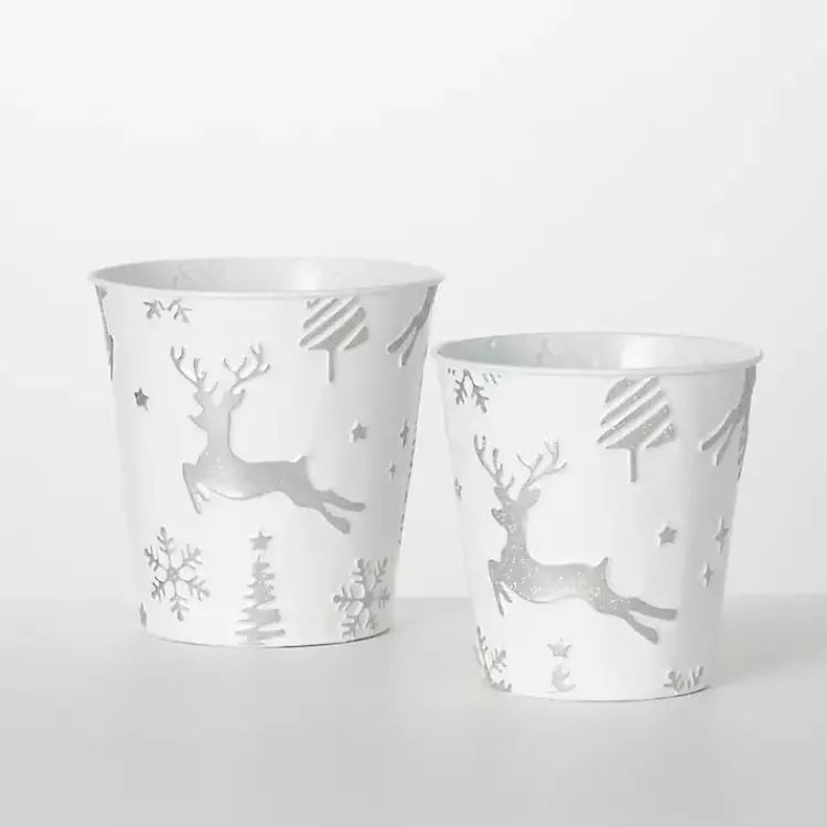 Hot White & Silver Embossed Reindeer Pails, Set of 2 Christmas Decorations