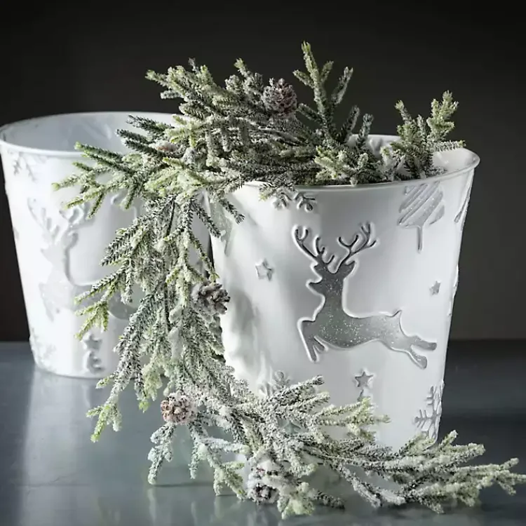 Hot White & Silver Embossed Reindeer Pails, Set of 2 Christmas Decorations