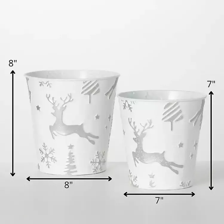 Hot White & Silver Embossed Reindeer Pails, Set of 2 Christmas Decorations