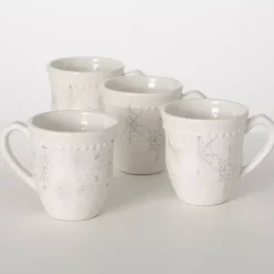Clearance White & Silver Snowflake Christmas Mugs, Set of 4 Christmas Dining & Entertaining