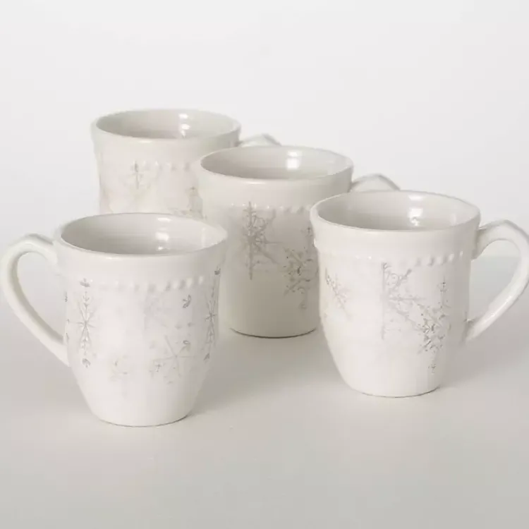 Clearance White & Silver Snowflake Christmas Mugs, Set of 4 Christmas Dining & Entertaining