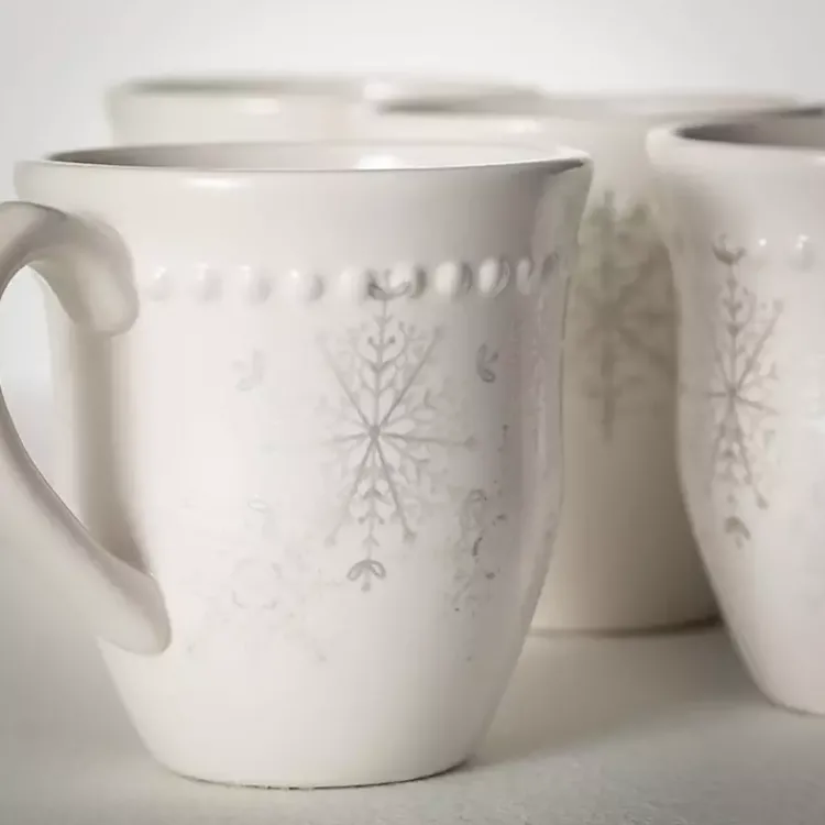 Clearance White & Silver Snowflake Christmas Mugs, Set of 4 Christmas Dining & Entertaining