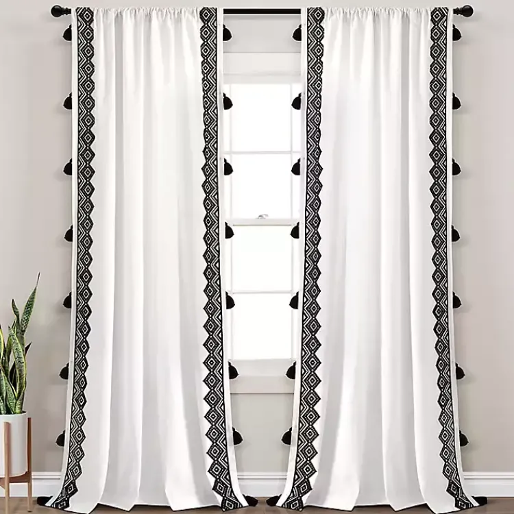Kirklands Home Curtains & Drapes|White and Black Diamond Curtain Panel, 84 in.