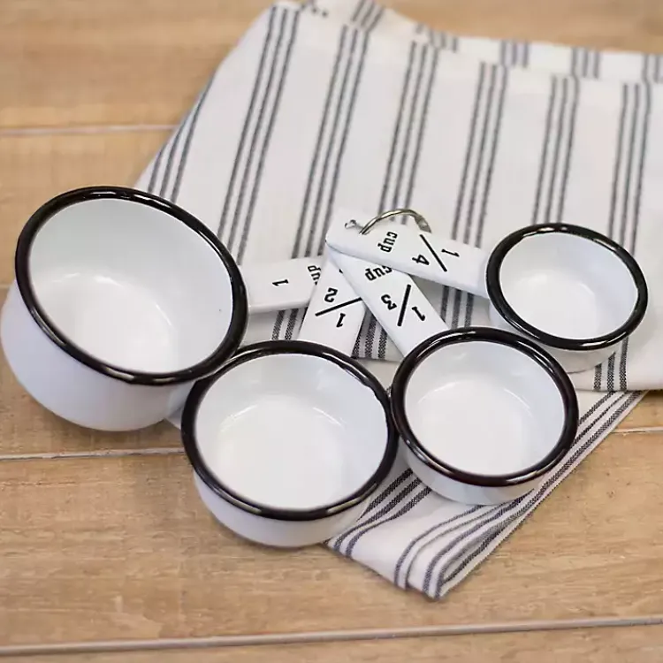 Kirklands Home Kitchen Accessories|White and Black Metal Enamelware Measuring Cup Set