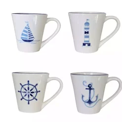 Kirklands Home Glassware & Drinkware|White and Blue Nautical Mugs, Set of 4