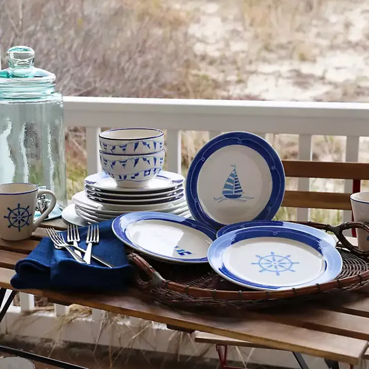 Kirklands Home Dinnerware|White and Blue Nautical Salad Plate Set, Set of 4