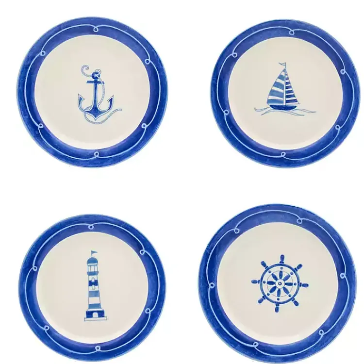 Kirklands Home Dinnerware|White and Blue Nautical Salad Plate Set, Set of 4