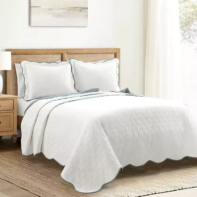 Kirklands Home Quilts|White and Blue Scallop 3-pc. Full/Queen Quilt Set