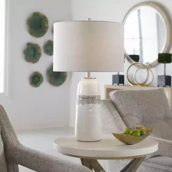 Kirklands Home Table Lamps|White and Brown Distressed Stripe Table Lamp Gray