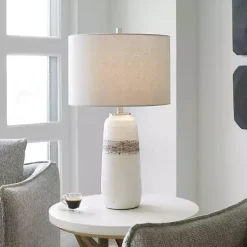 Kirklands Home Table Lamps|White and Brown Distressed Stripe Table Lamp Gray