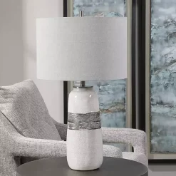 Kirklands Home Table Lamps|White and Brown Distressed Stripe Table Lamp Gray