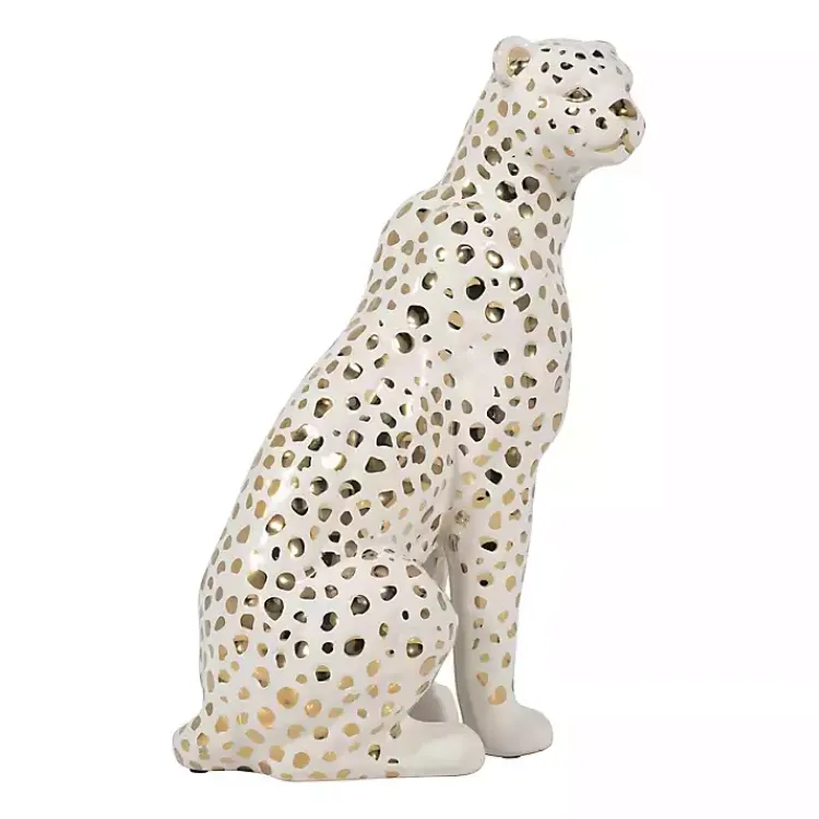 Hot White and Gold Ceramic Sitting Leopard Statue Statues & Figurines