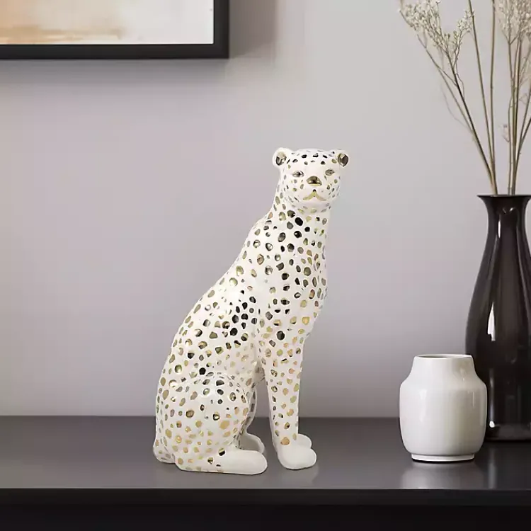 Hot White and Gold Ceramic Sitting Leopard Statue Statues & Figurines