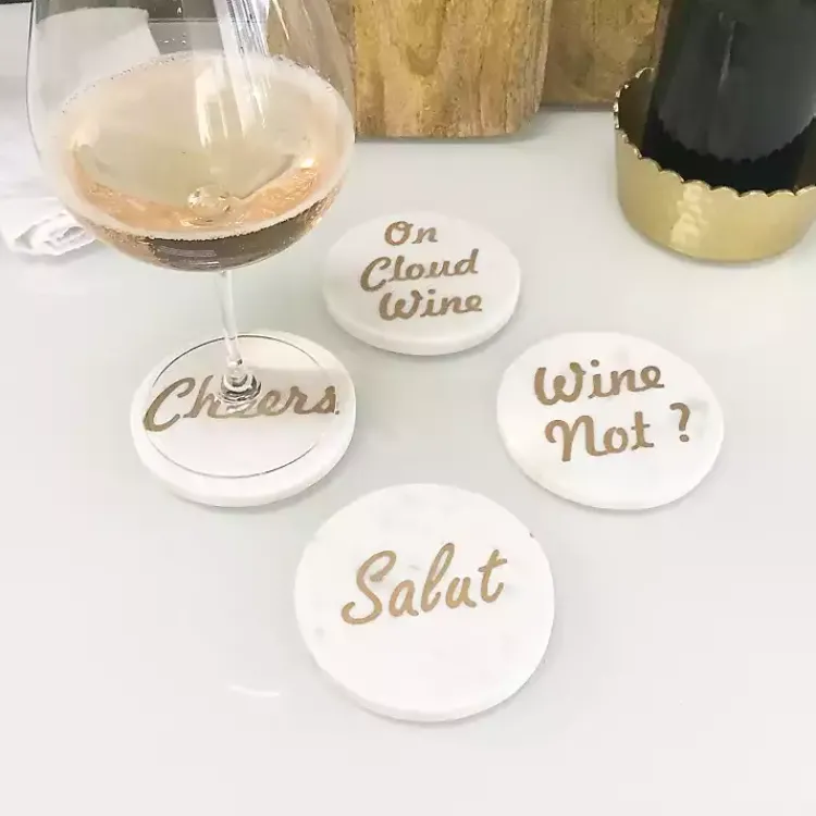 Kirklands Home Barware|White and Gold Marble Wine Coasters, Set of 4