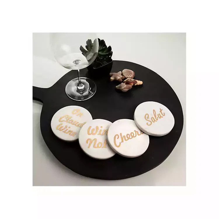 Kirklands Home Barware|White and Gold Marble Wine Coasters, Set of 4