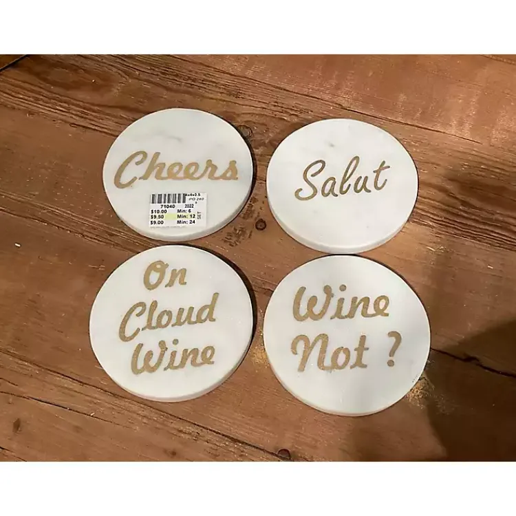 Kirklands Home Barware|White and Gold Marble Wine Coasters, Set of 4