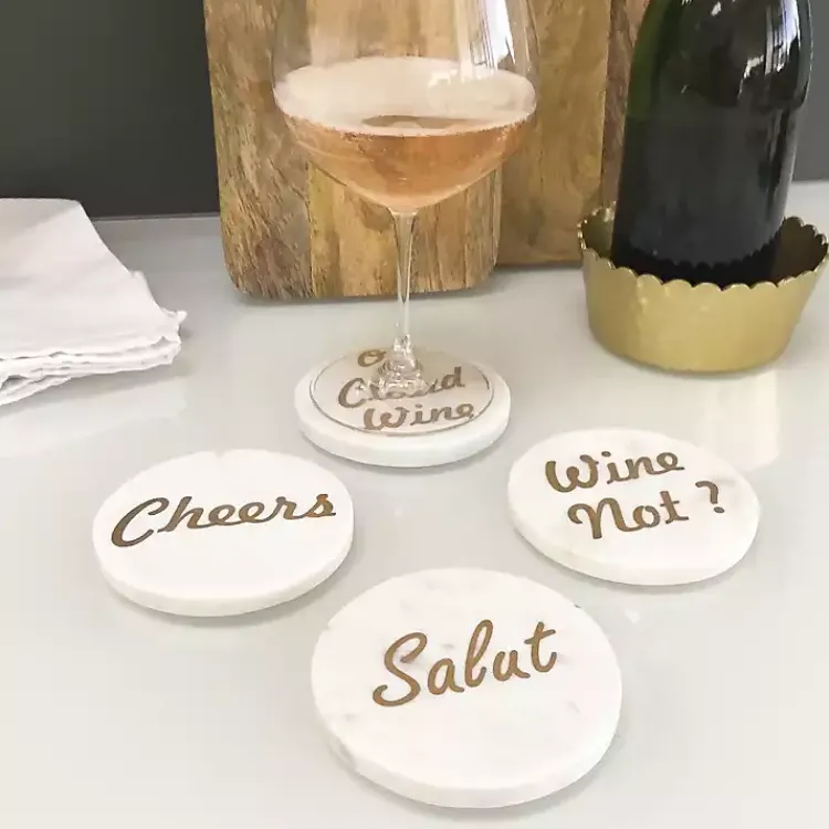 Kirklands Home Barware|White and Gold Marble Wine Coasters, Set of 4