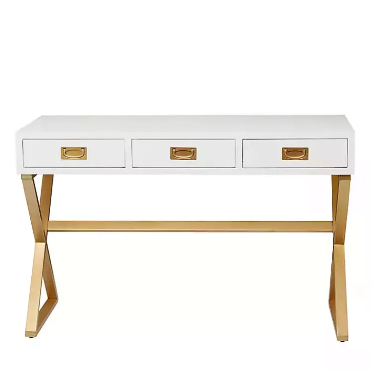Kirklands Home Office Furniture|White and Gold Metal Desk with Outlets