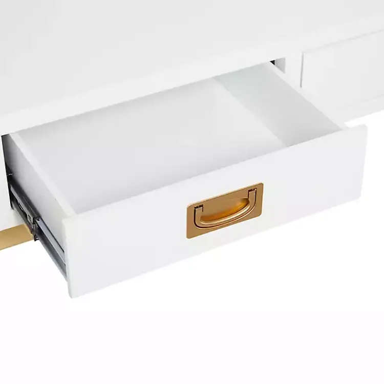 Kirklands Home Office Furniture|White and Gold Metal Desk with Outlets