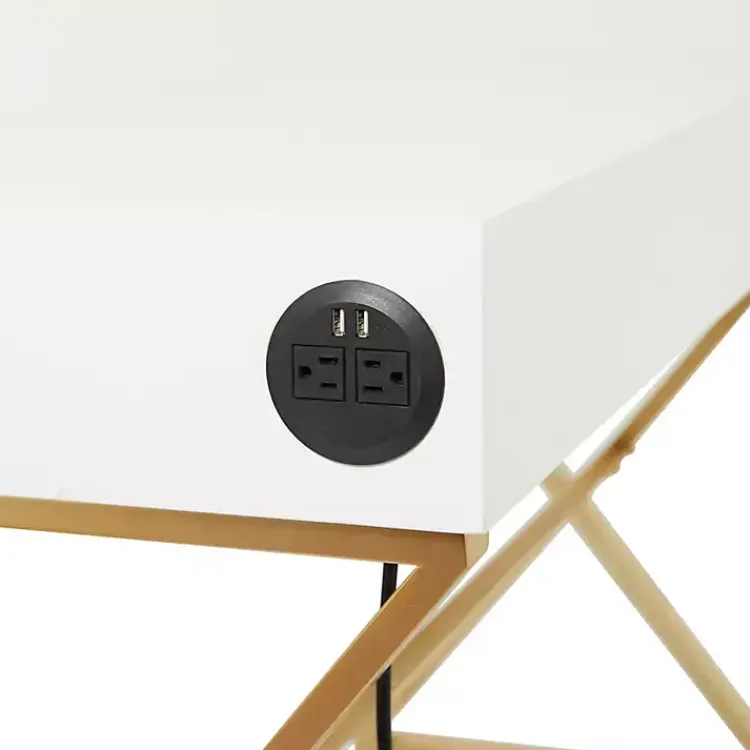 Kirklands Home Office Furniture|White and Gold Metal Desk with Outlets