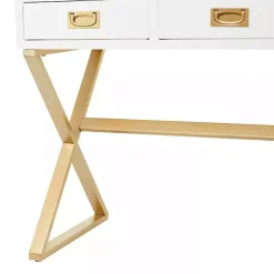 Kirklands Home Office Furniture|White and Gold Metal Desk with Outlets