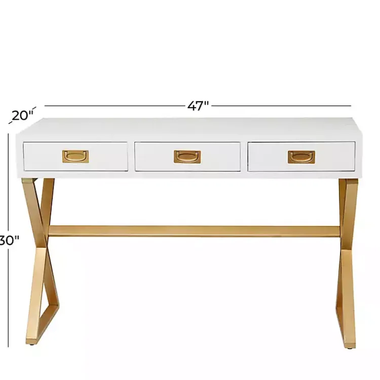 Kirklands Home Office Furniture|White and Gold Metal Desk with Outlets