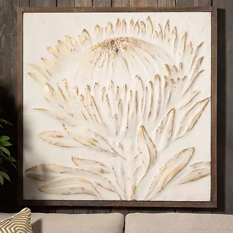 Kirklands Home Wall Plaques|White and Gold Protea Framed Wall Plaque