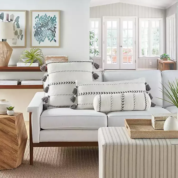 New White and Gray Braided Stripe Lumbar Pillow Pillows