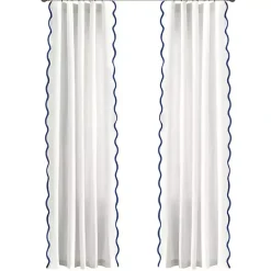 Kirklands Home Curtains & Drapes|White and Navy Scalloped Curtain Panel Set, 84 in.
