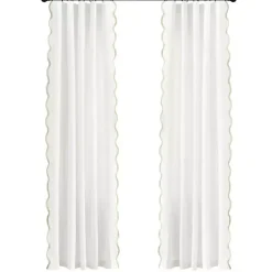Kirklands Home Curtains & Drapes|White and Tan Scalloped Curtain Panel Set, 84 in.