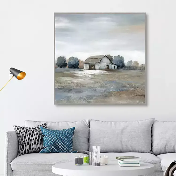 Kirklands Home Canvas Art|White Barn in Pasture Framed Canvas Art Print Gray